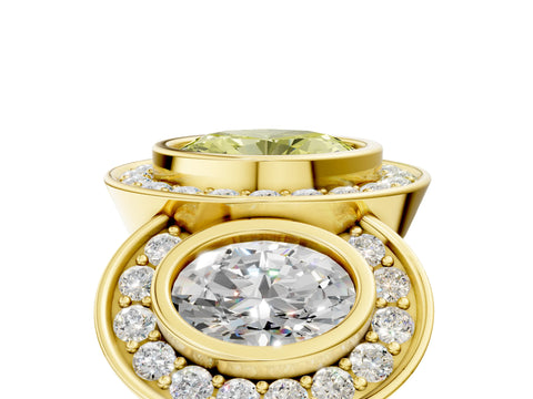 Yellow gold Three-Stone Fancy Yellow Oval Cut Halo Pavé Diamond Ring_5