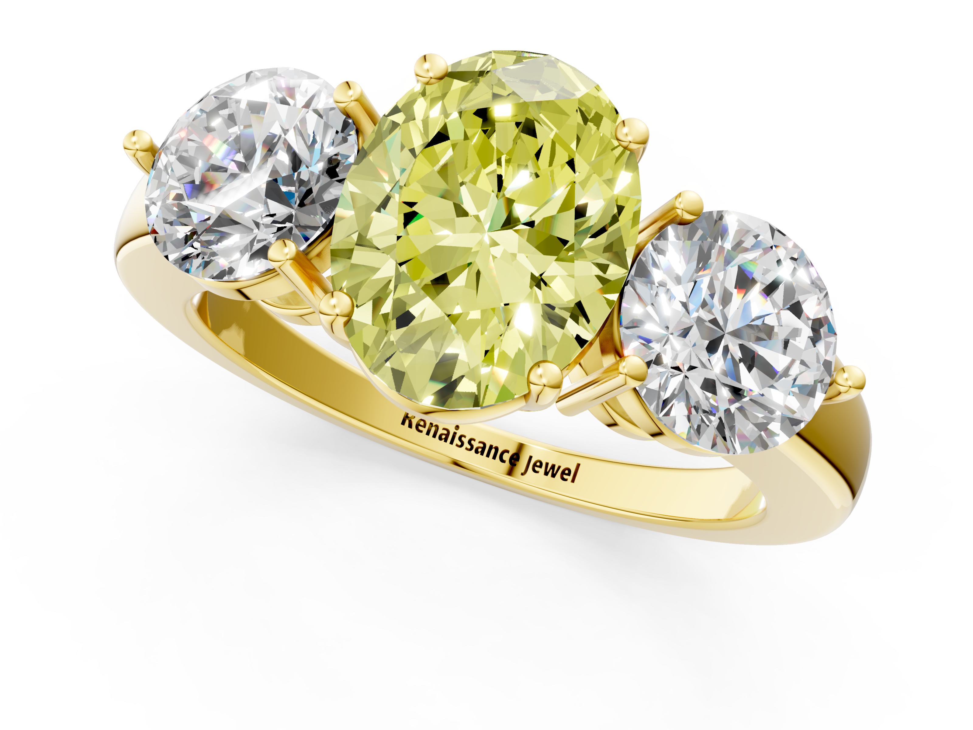 Yellow gold Three-Stone Fancy Yellow Oval  Cut Solitaire Ring with Prong Setting on a Classic Band_40