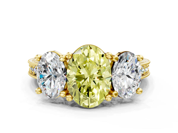Yellow gold Three-Stone Fancy Yellow Oval  Diamond Milgrain Pave Band with Prong Setting