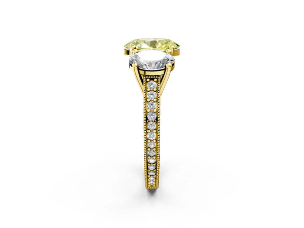 Yellow gold Three-Stone Fancy Yellow Oval  Diamond Milgrain Pave Band with Prong Setting
