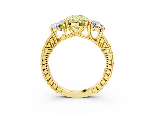 Yellow gold Three-Stone Fancy Yellow Oval  Diamond Milgrain Pave Band with Prong Setting