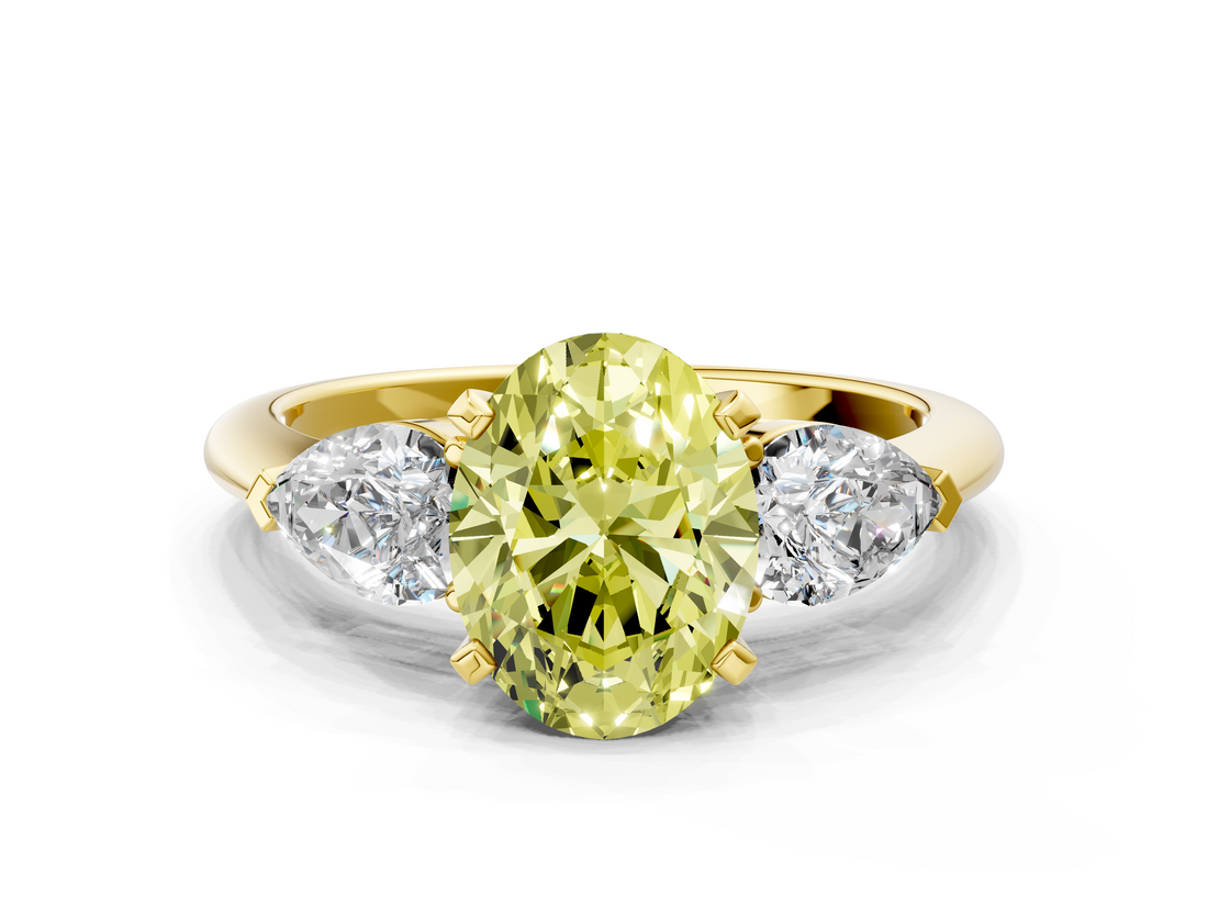 Yellow gold Three-Stone Fancy Yellow Oval  Diamond Ring with Pear Side Stones in Four-Prong Setting_71
