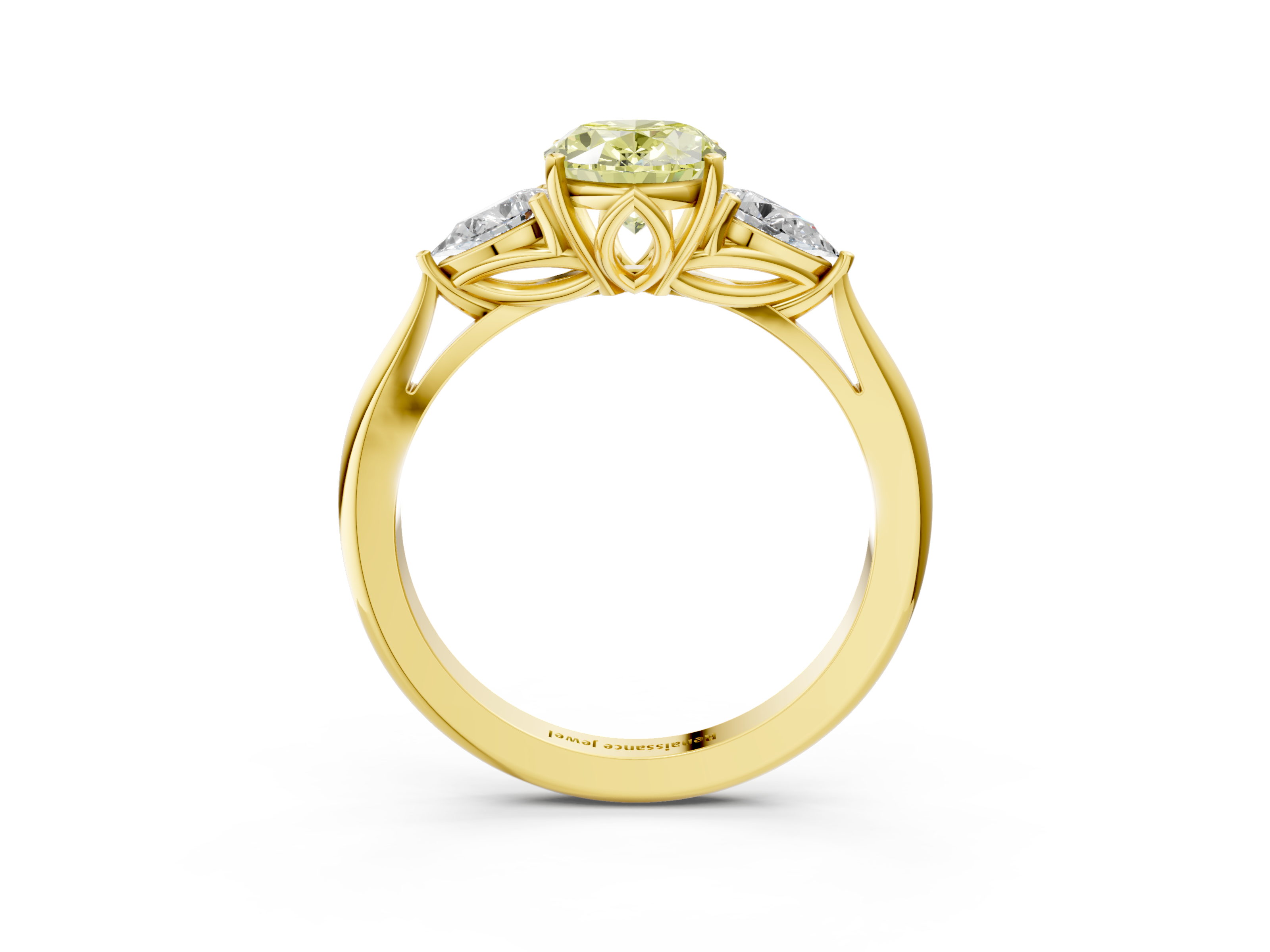 Yellow gold Three-Stone Fancy Yellow Oval  Diamond Solitaire Ring with Pear Side Stones and Four-Prong Setting_34