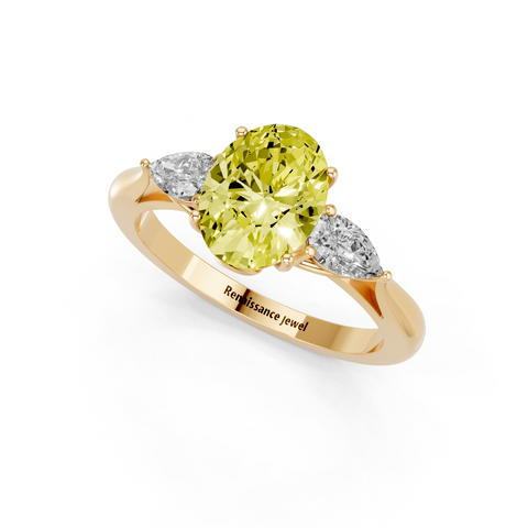 Yellow gold Three-Stone Fancy Yellow Oval  Diamond Solitaire Ring with Pear Side Stones and Four-Prong Setting_3