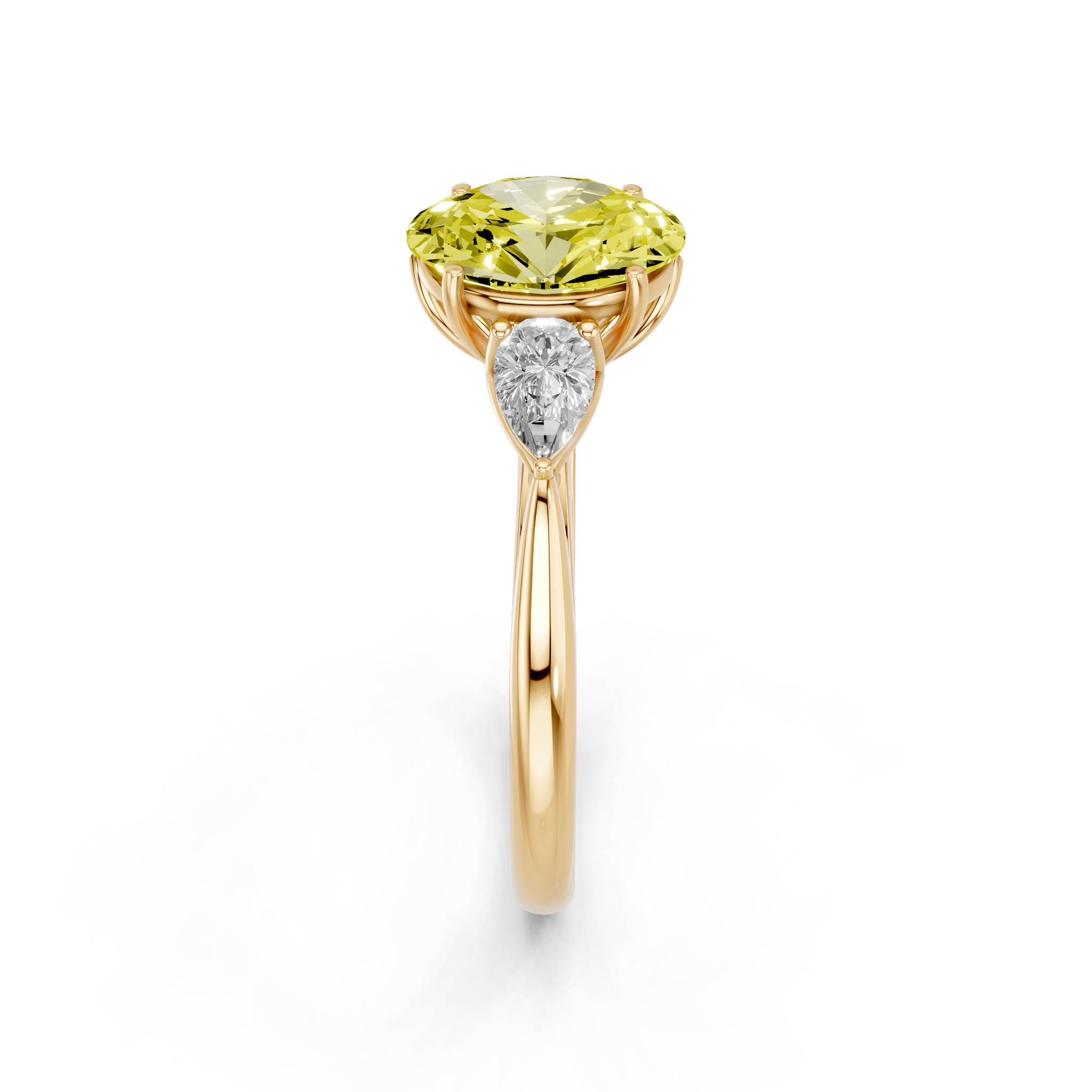 Yellow gold Three-Stone Fancy Yellow Oval  Diamond Solitaire Ring with Pear Side Stones and Four-Prong Setting_4