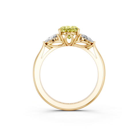 Yellow gold Three-Stone Fancy Yellow Oval  Diamond Solitaire Ring with Pear Side Stones and Four-Prong Setting_5
