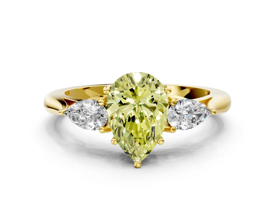 Yellow gold Three-Stone Fancy Yellow Pear Cut Brilliant Diamond Solitaire Ring with Tapered Band and Four-Prong Setting_6
