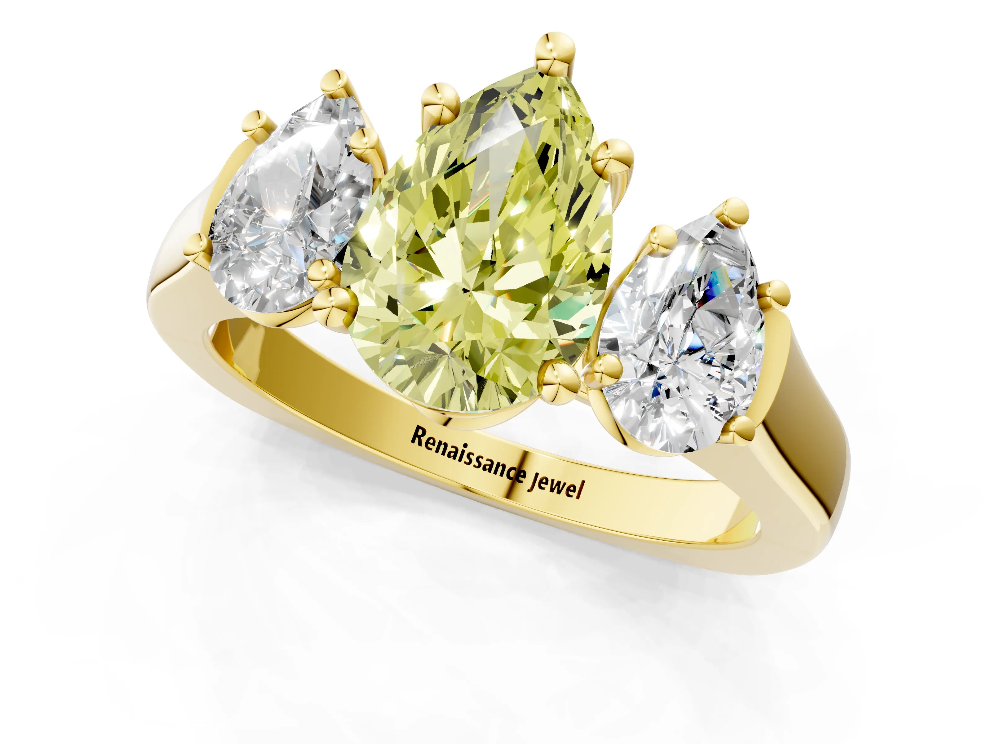 Yellow gold Three-Stone Fancy Yellow Pear Cut Brilliant Diamond Trellis Ring with Comfort Fit Band_1