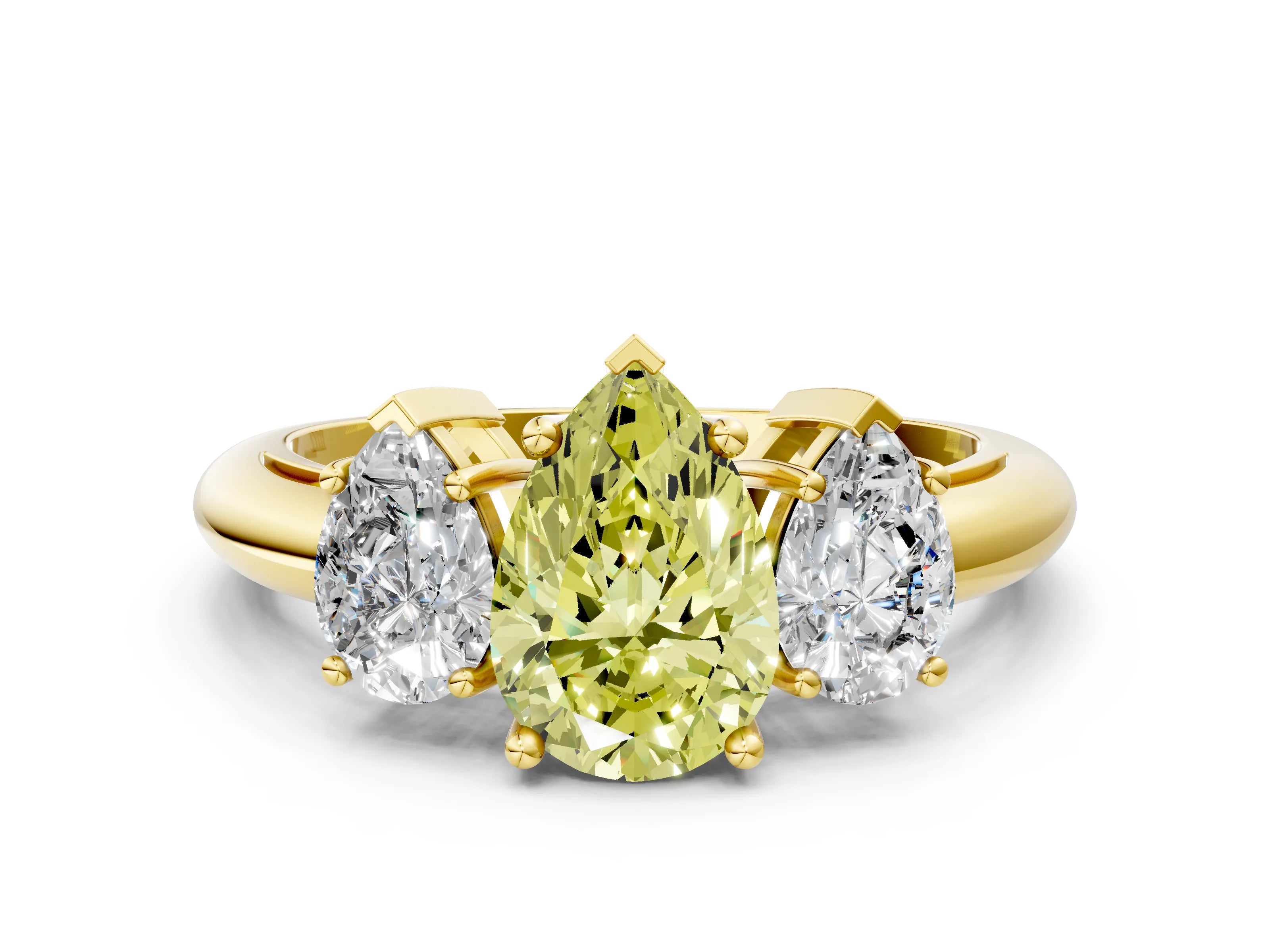 Yellow gold Three-Stone Fancy Yellow Pear Cut Cut Diamond Engagement Ring with Prong Setting on a White Gold Band