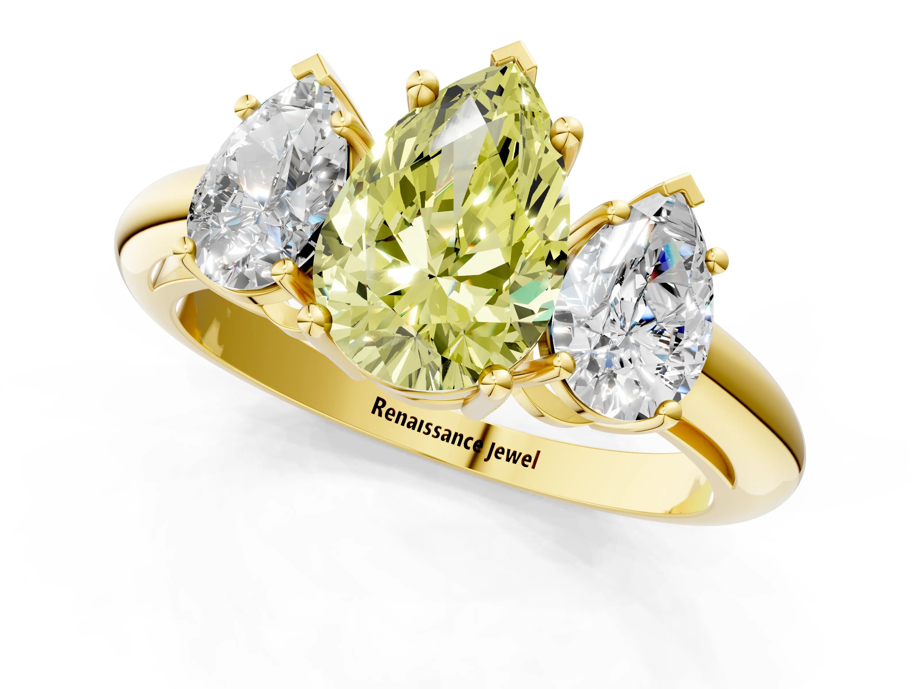 Yellow gold Three-Stone Fancy Yellow Pear Cut Cut Diamond Engagement Ring with Prong Setting on a White Gold Band_1