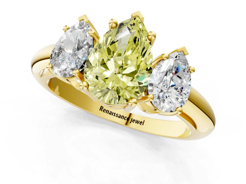 Yellow gold Three-Stone Fancy Yellow Pear Cut Cut Diamond Engagement Ring with Prong Setting on a White Gold Band_1