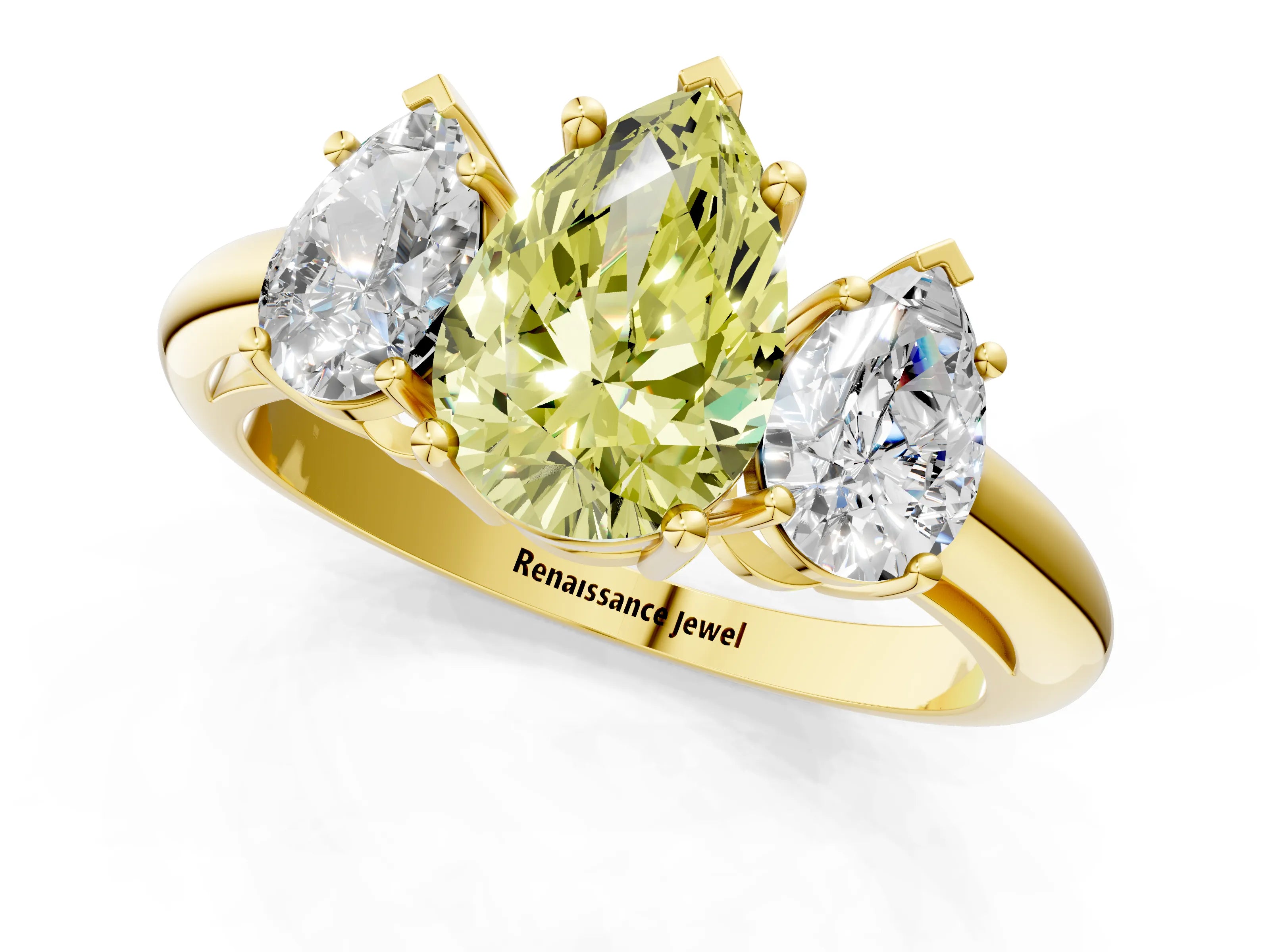 Yellow gold Three-Stone Fancy Yellow Pear Cut Cut Diamond Engagement Ring with Prong Setting on a White Gold Band_49