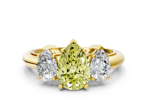 Yellow gold Three-Stone Fancy Yellow Pear Cut Cut Diamond Engagement Ring with Prong Setting on a White Gold Band