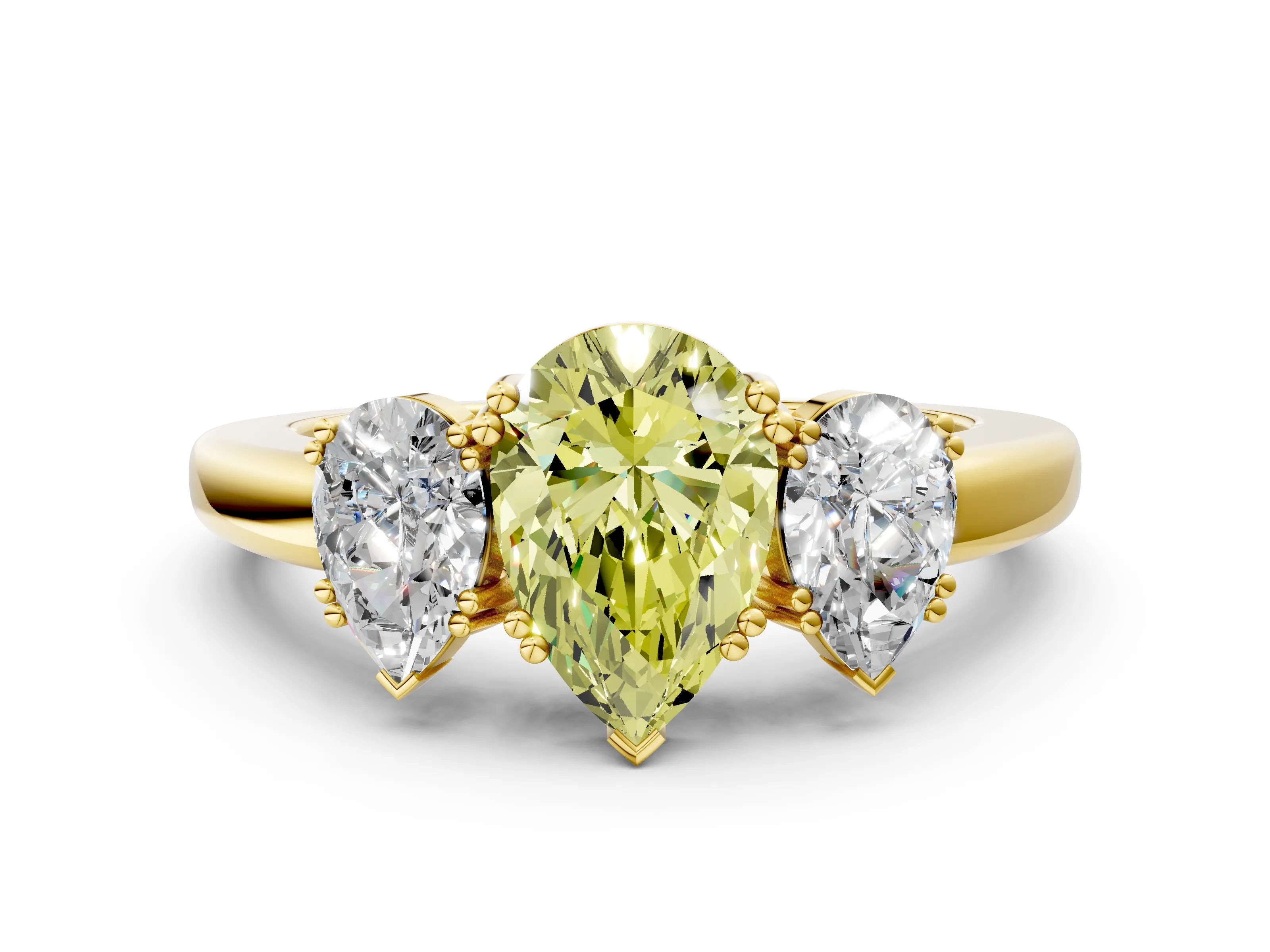 Yellow gold Three-Stone Fancy Yellow Pear Cut Cut Diamond Ring with Channel Set Band and Four-Prong Setting