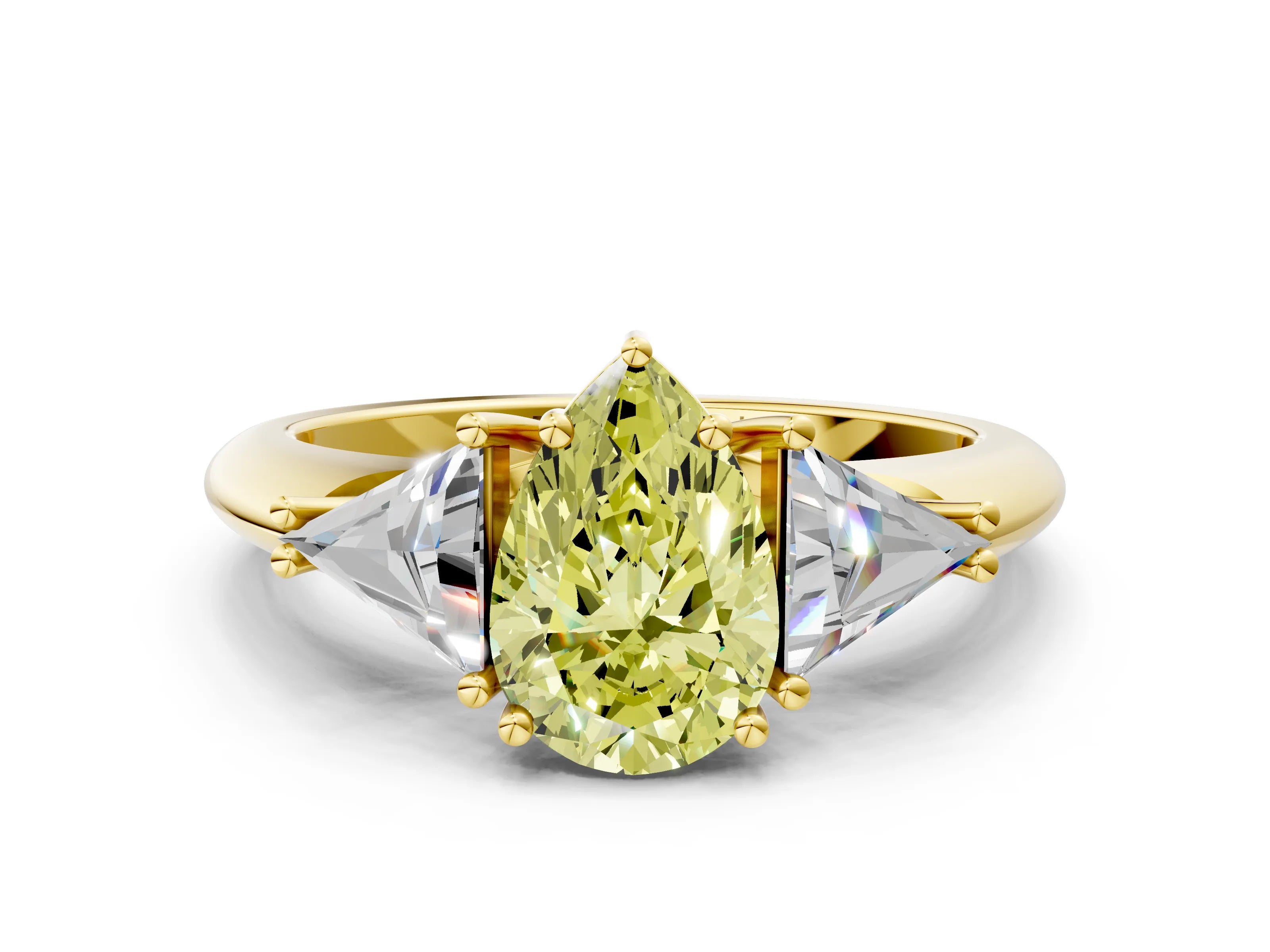 Yellow gold Three-Stone Fancy Yellow Pear Cut Cut Diamond Ring with Trillion Side Stones and Four-Prong Setting_3