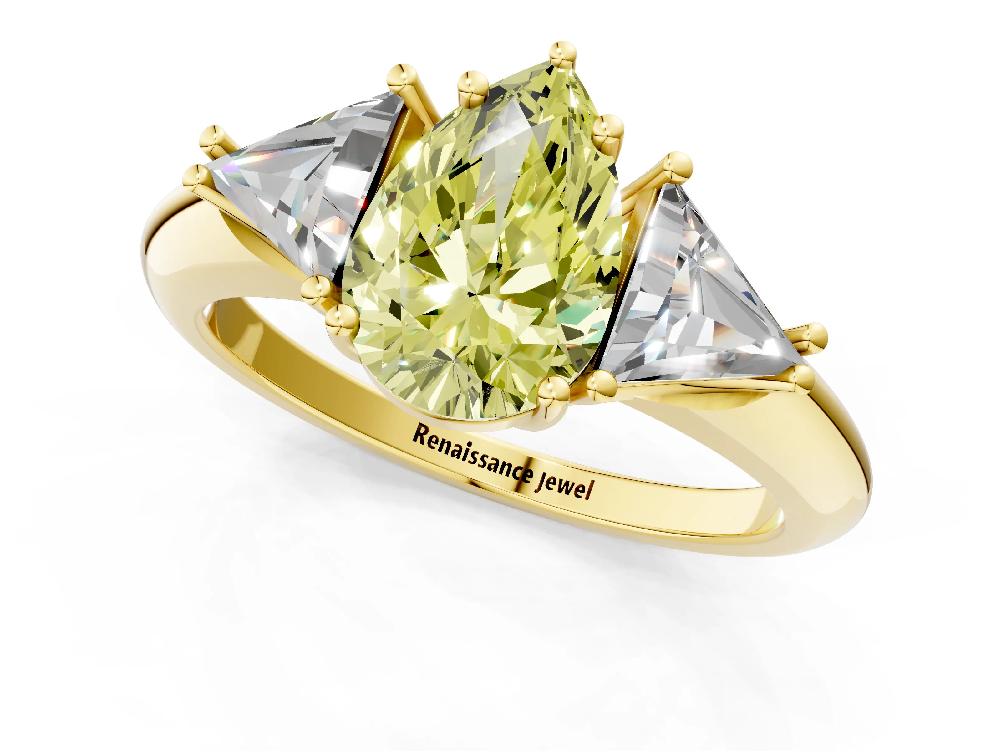 Yellow gold Three-Stone Fancy Yellow Pear Cut Cut Diamond Ring with Trillion Side Stones and Four-Prong Setting_4