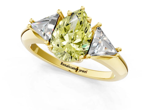 Yellow gold Three-Stone Fancy Yellow Pear Cut Cut Diamond Ring with Trillion Side Stones and Four-Prong Setting_4