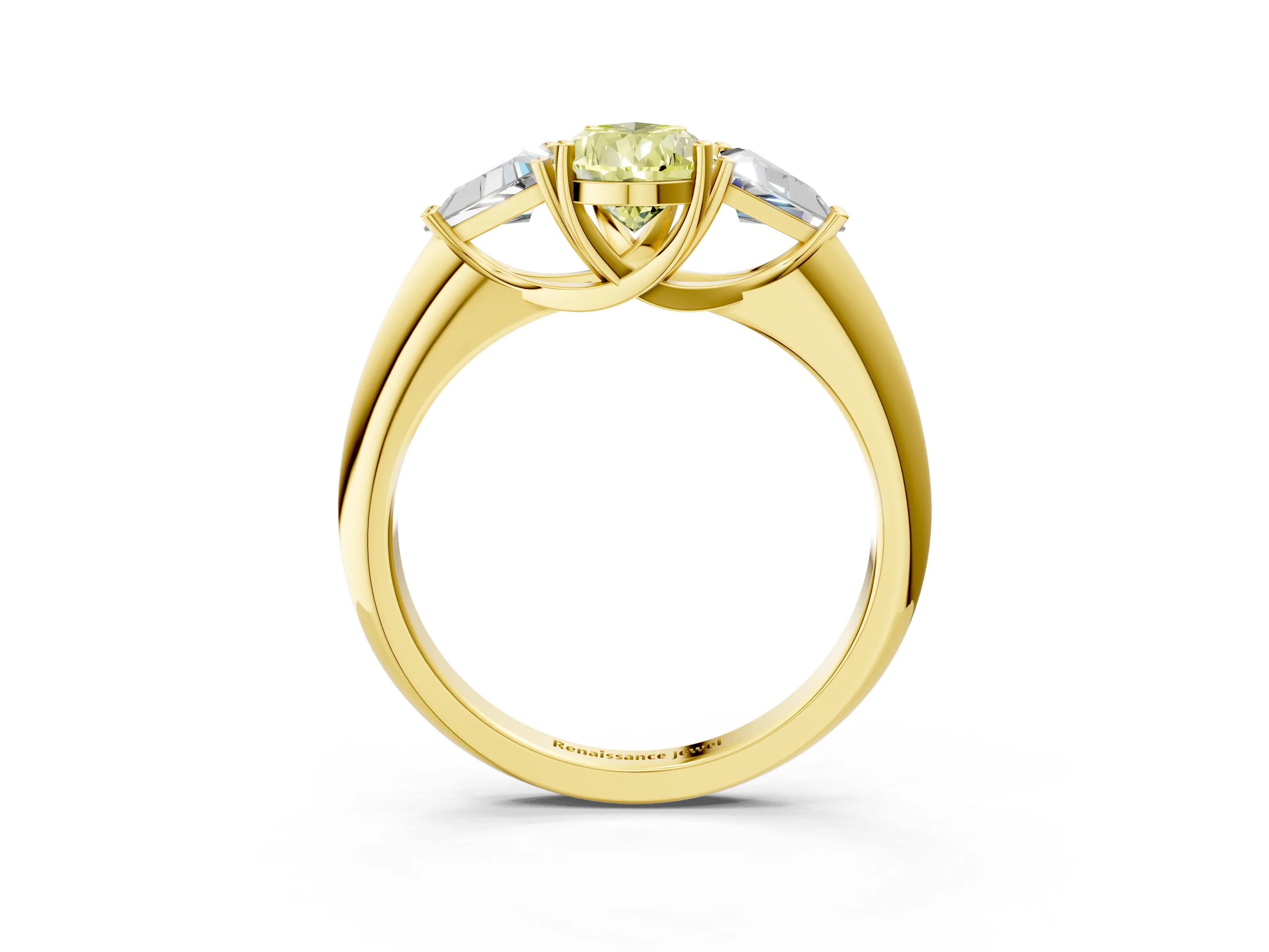 Yellow gold Three-Stone Fancy Yellow Pear Cut Cut Diamond Ring with Trillion Side Stones and Four-Prong Setting_6