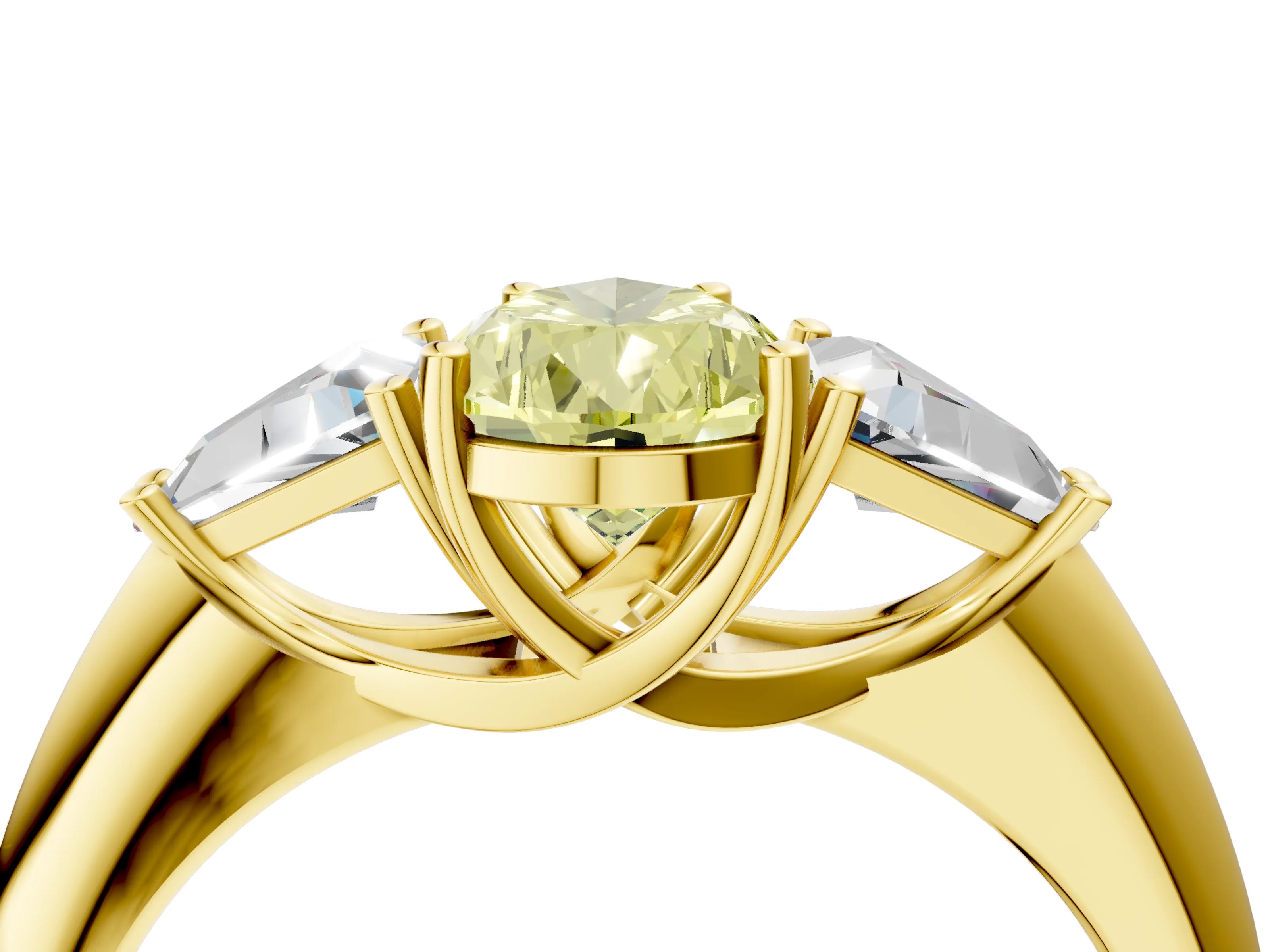 Yellow gold Three-Stone Fancy Yellow Pear Cut Cut Diamond Ring with Trillion Side Stones and Four-Prong Setting_7