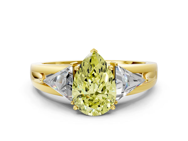 Yellow Gold Pear-Shaped Split Shank Three Stone Engagement Ring Setting for Fancy Yellow Center