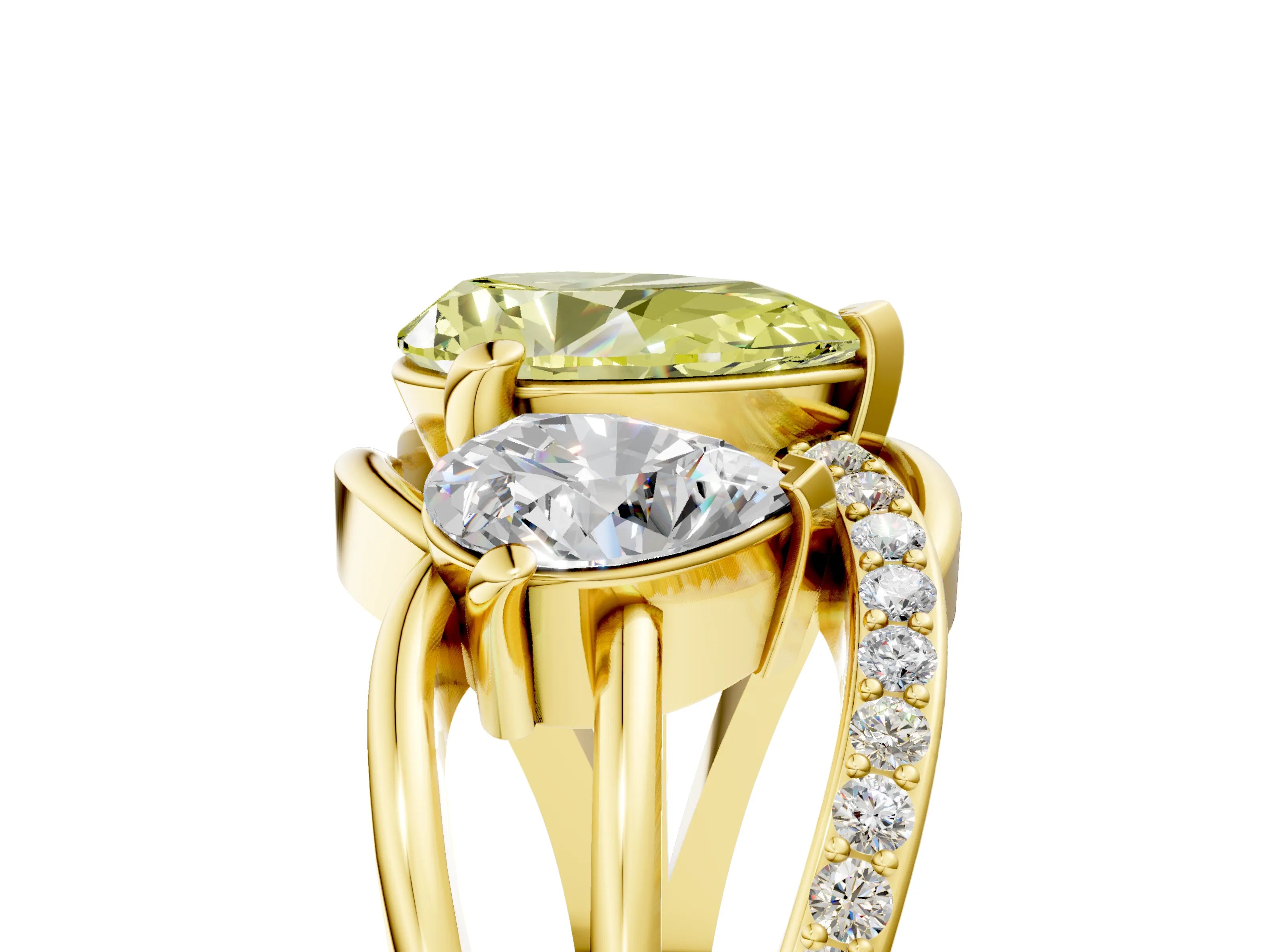Yellow gold Three-Stone Fancy Yellow Pear Cut Cut Diamond Split Shank Prong Set Ring_5