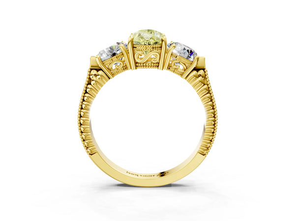 Yellow Gold Pear-Shaped Vintage Three Stone Engagement Ring Setting for Fancy Yellow Center