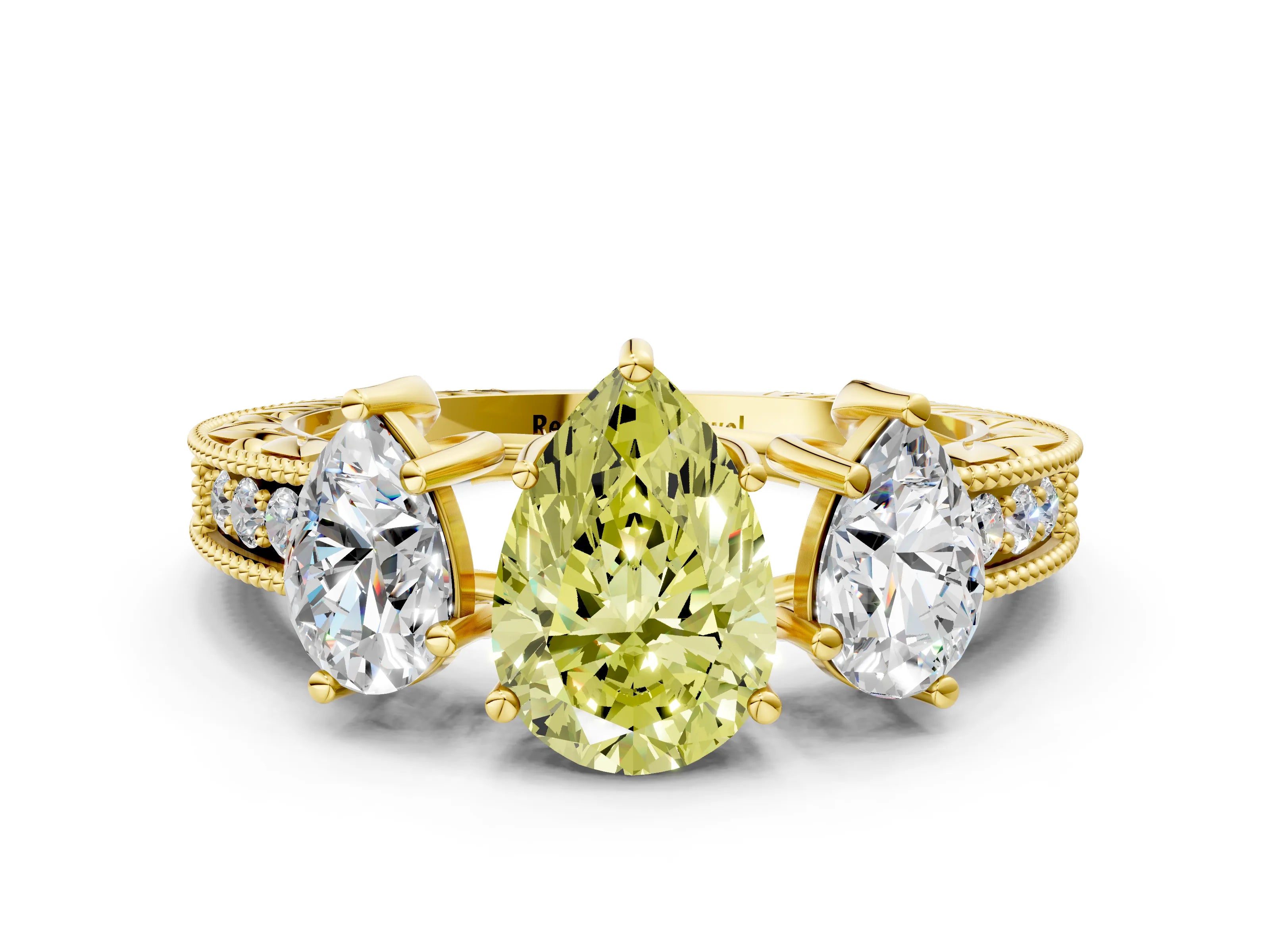 Yellow gold Three-Stone Fancy Yellow Pear Cut Cut Milgrain Pavé Engagement Ring