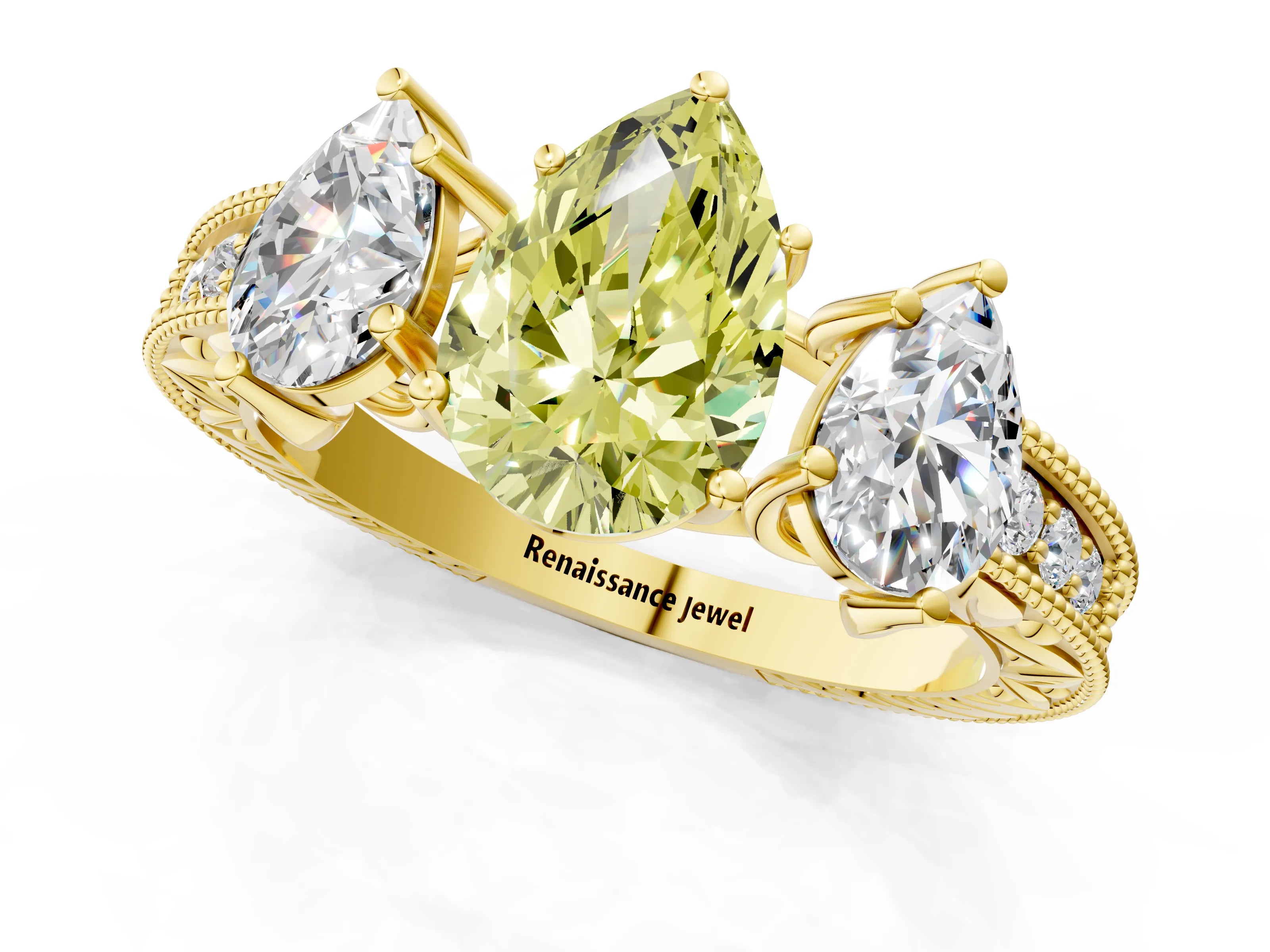 Yellow gold Three-Stone Fancy Yellow Pear Cut Cut Milgrain Pavé Engagement Ring_1