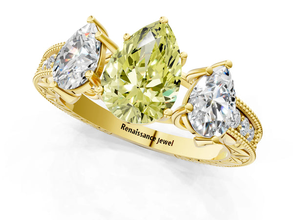 Yellow Gold Pear-Shaped Engraved Three Stone Engagement Ring Setting for Fancy Yellow Center