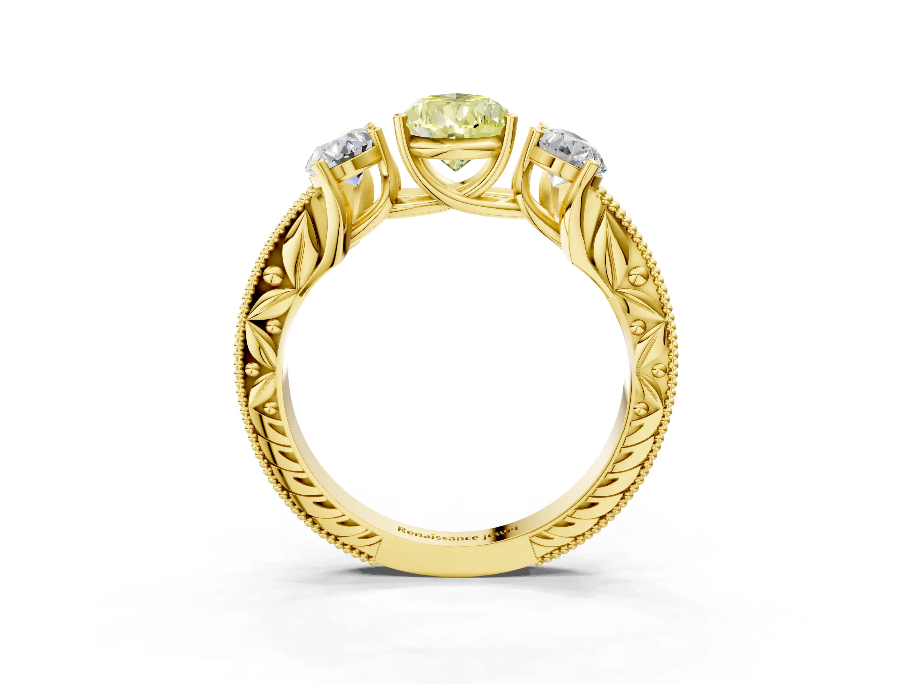 Yellow gold Three-Stone Fancy Yellow Pear Cut Cut Milgrain Pavé Engagement Ring_15