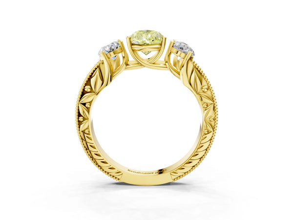 Yellow Gold Pear-Shaped Engraved Three Stone Engagement Ring Setting for Fancy Yellow Center