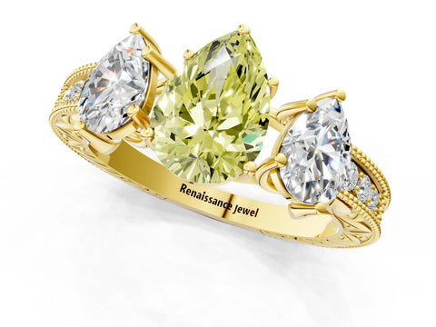 Yellow gold Three-Stone Fancy Yellow Pear Cut Cut Milgrain Pavé Engagement Ring_1