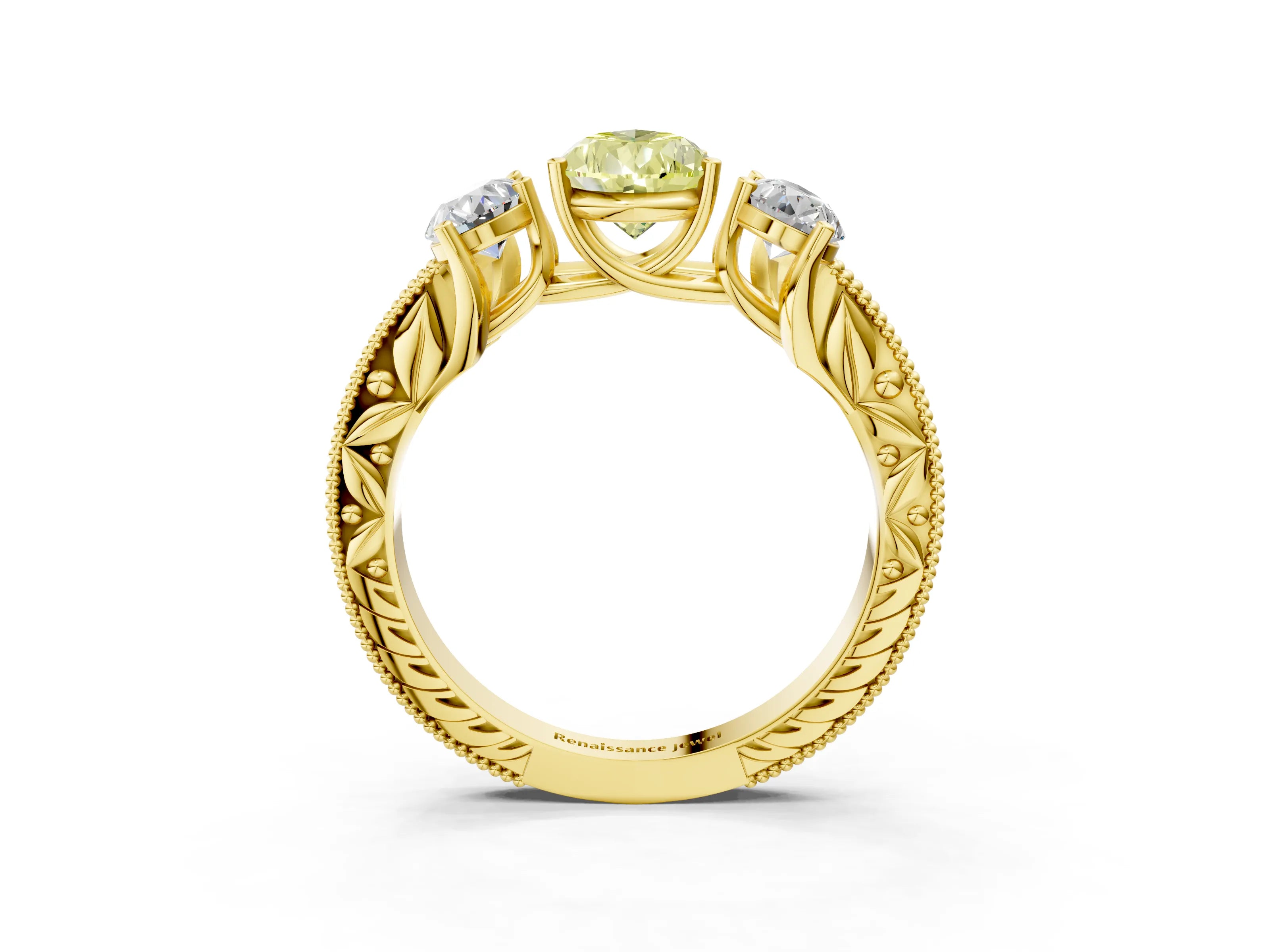 Yellow gold Three-Stone Fancy Yellow Pear Cut Cut Milgrain Pavé Engagement Ring_3