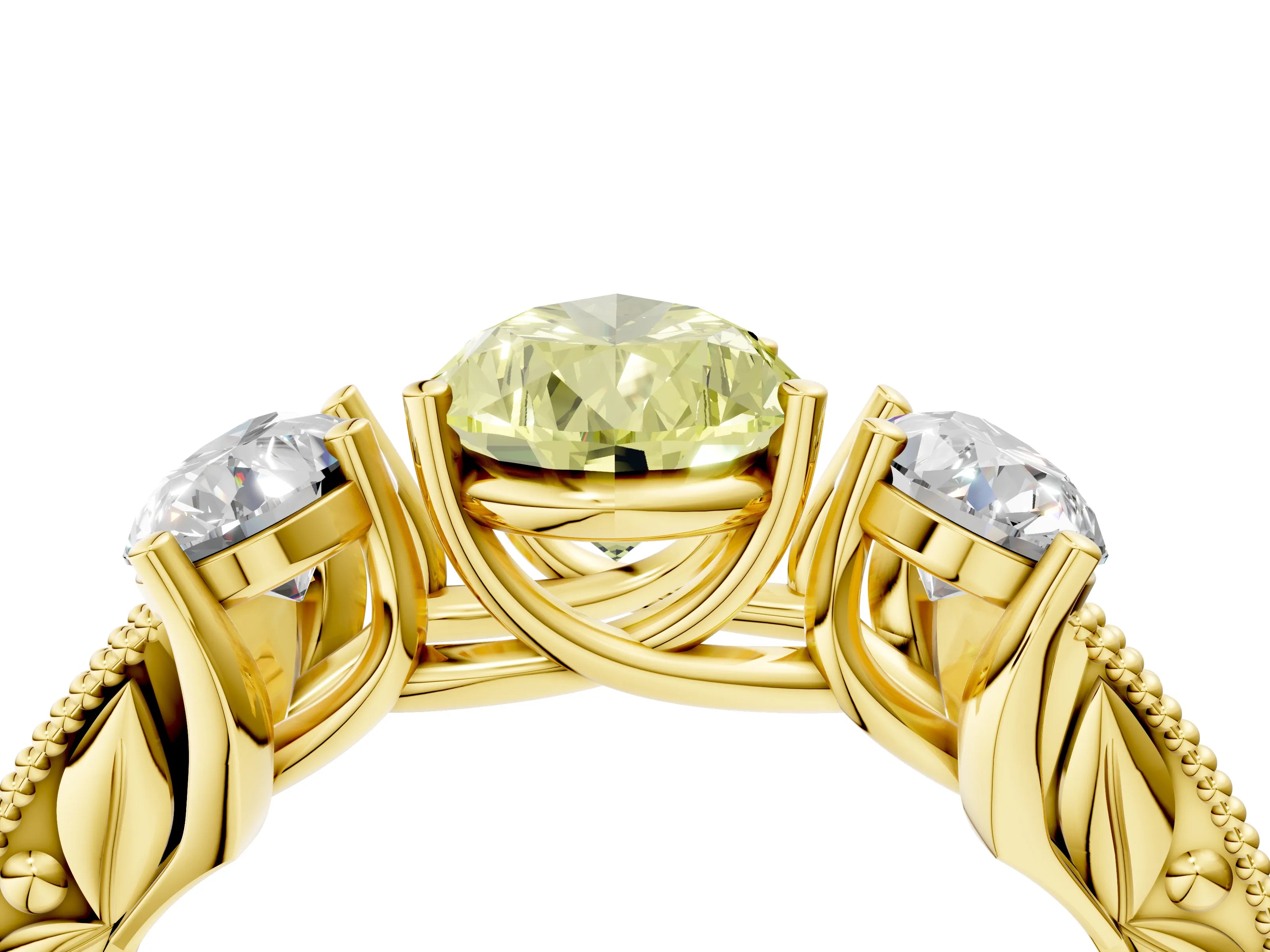 Yellow gold Three-Stone Fancy Yellow Pear Cut Cut Milgrain Pavé Engagement Ring_4