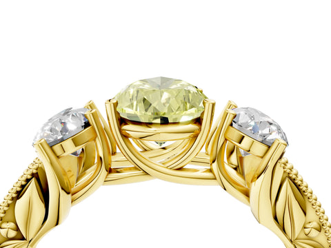 Yellow gold Three-Stone Fancy Yellow Pear Cut Cut Milgrain Pavé Engagement Ring_4