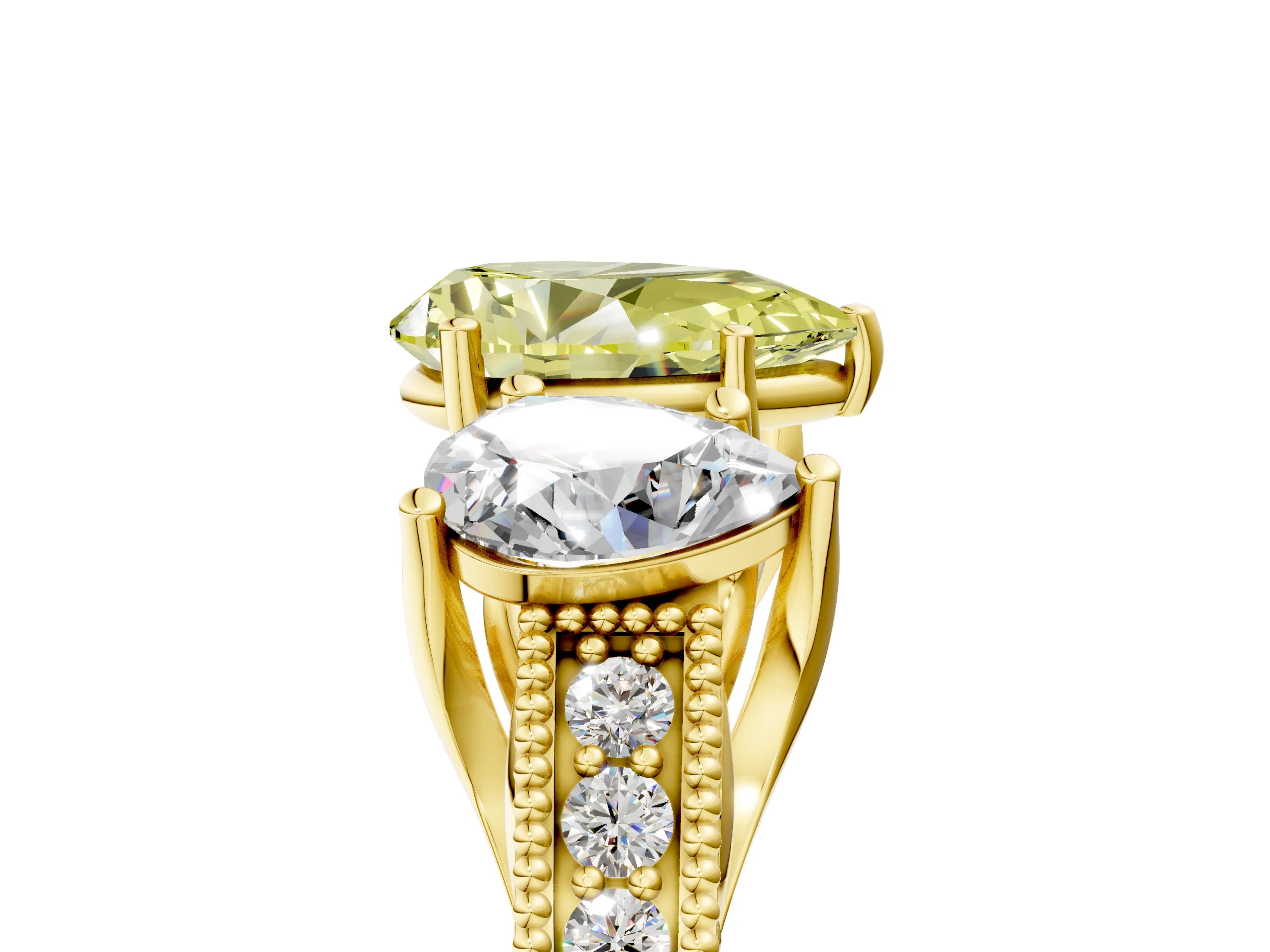 Yellow gold Three-Stone Fancy Yellow Pear Cut Cut Milgrain Pavé Engagement Ring_5