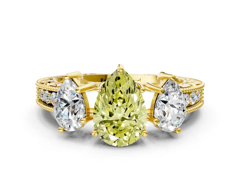 Yellow gold Three-Stone Fancy Yellow Pear Cut Cut Milgrain Pavé Engagement Ring
