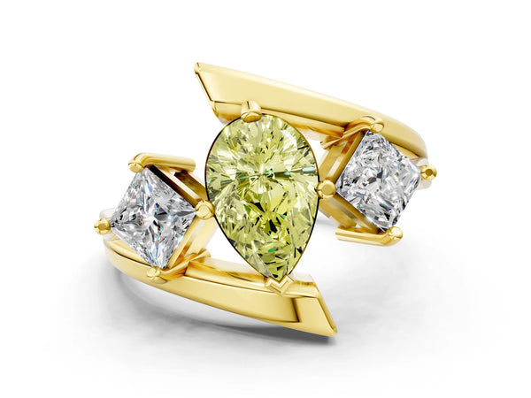 Yellow gold Three-Stone Fancy Yellow Pear Cut Cut Tension Band Ring with Four-Prong Setting