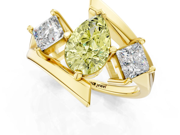 Yellow gold Three-Stone Fancy Yellow Pear Cut Cut Tension Band Ring with Four-Prong Setting