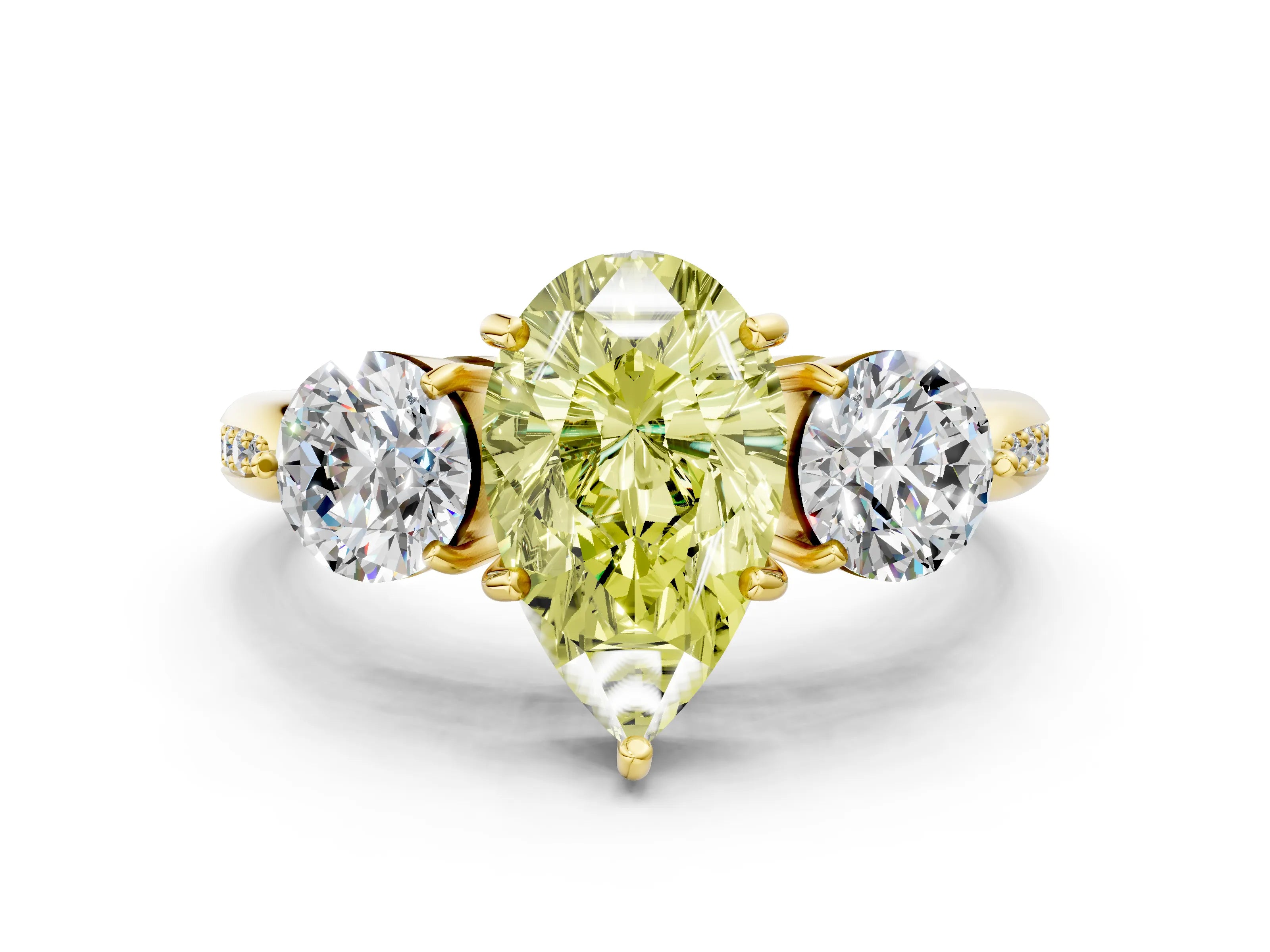 Yellow gold Three-Stone Fancy Yellow Pear Cut Diamond Channel Set Engagement Ring with Prong Setting