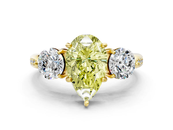 Yellow gold Three-Stone Fancy Yellow Pear Cut Diamond Channel Set Engagement Ring with Prong Setting
