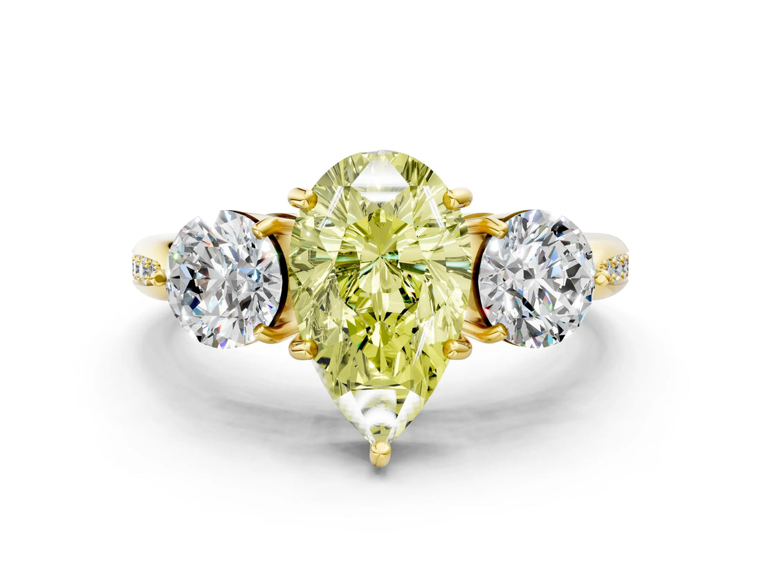 Yellow gold Three-Stone Fancy Yellow Pear Cut Diamond Channel Set Engagement Ring with Prong Setting_12