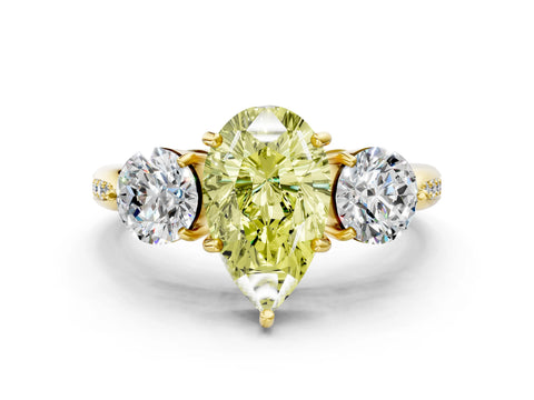 Yellow gold Three-Stone Fancy Yellow Pear Cut Diamond Channel Set Engagement Ring with Prong Setting