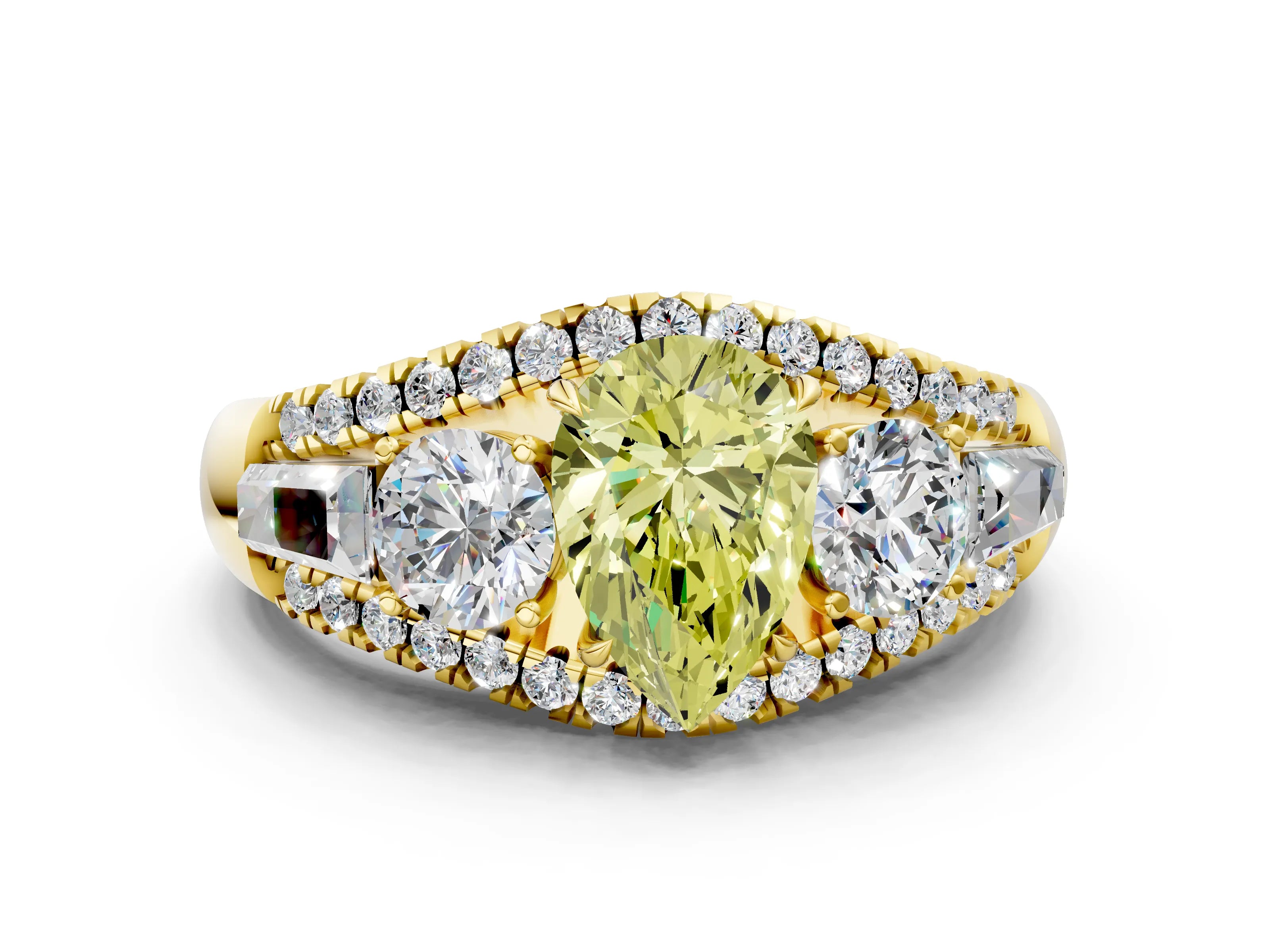 Yellow gold Three-Stone Fancy Yellow Pear Cut Diamond Engagement Ring with Pave Band and Prong Setting