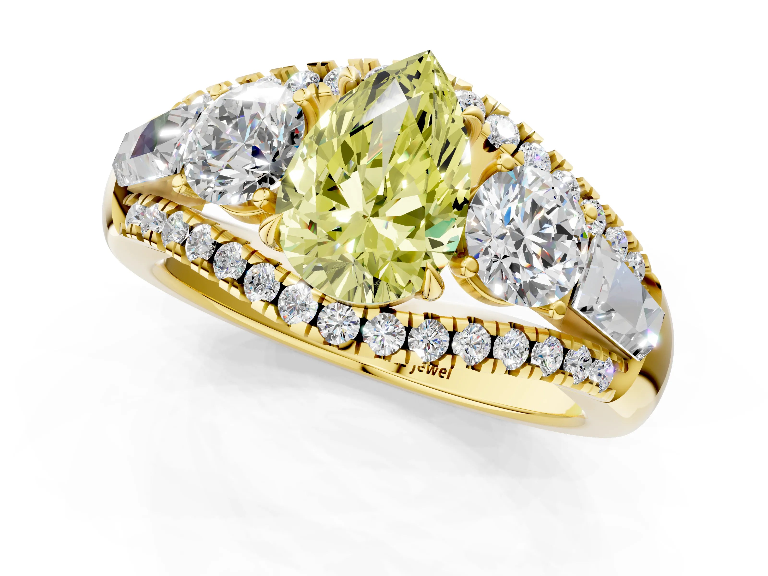 Yellow gold Three-Stone Fancy Yellow Pear Cut Diamond Engagement Ring with Pave Band and Prong Setting_1