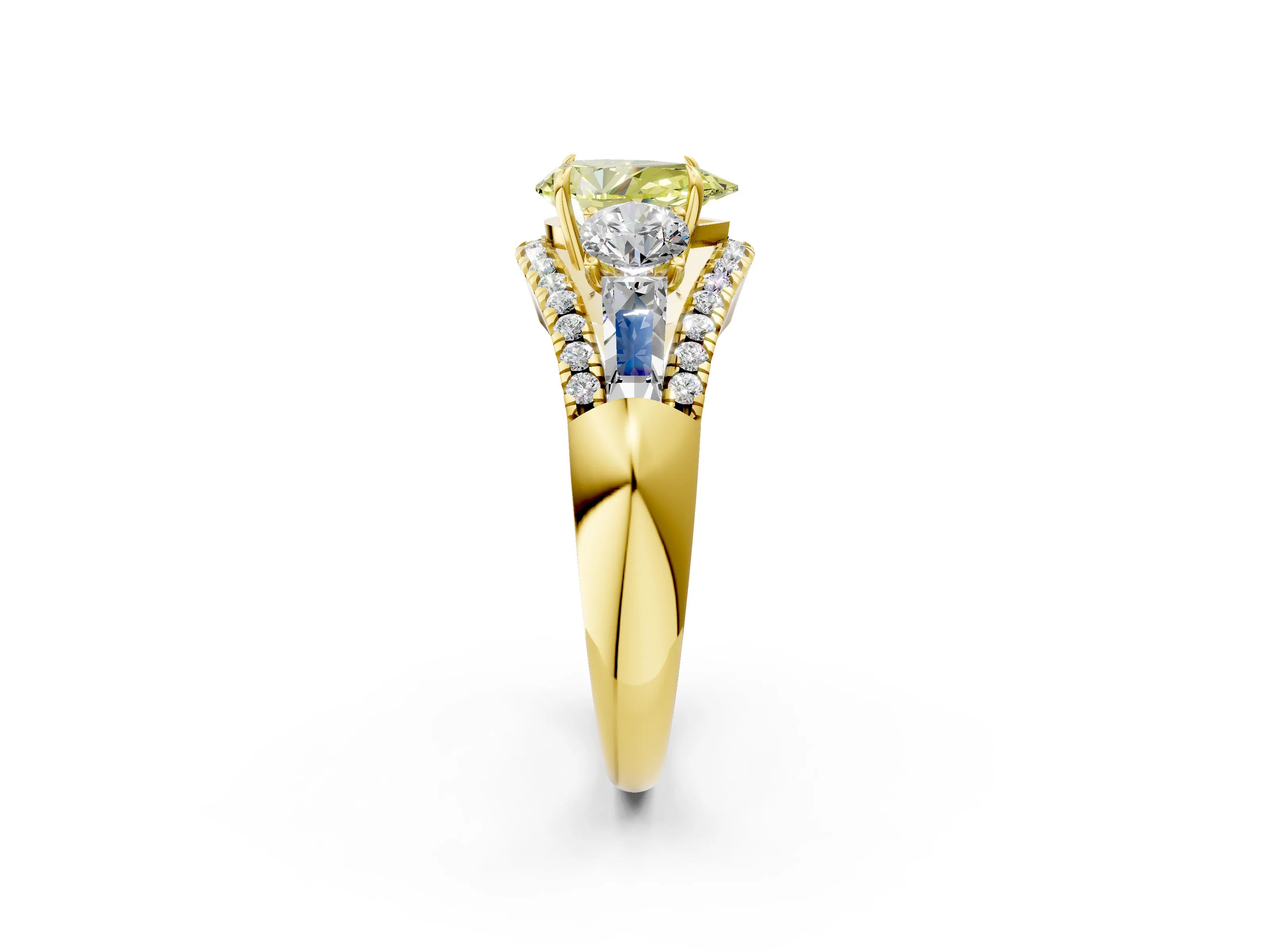 Yellow gold Three-Stone Fancy Yellow Pear Cut Diamond Engagement Ring with Pave Band and Prong Setting_2