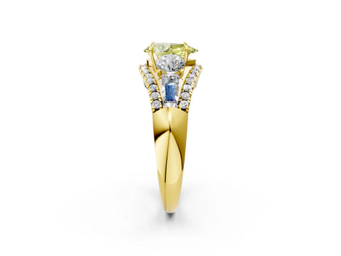 Yellow gold Three-Stone Fancy Yellow Pear Cut Diamond Engagement Ring with Pave Band and Prong Setting_2