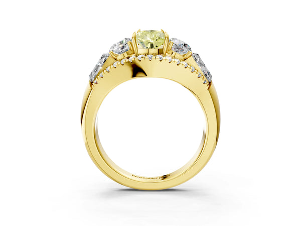 Yellow gold Three-Stone Fancy Yellow Pear Cut Diamond Engagement Ring with Pave Band and Prong Setting