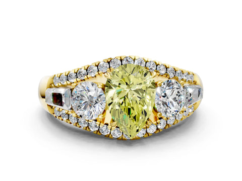 Yellow gold Three-Stone Fancy Yellow Pear Cut Diamond Engagement Ring with Pave Band and Prong Setting