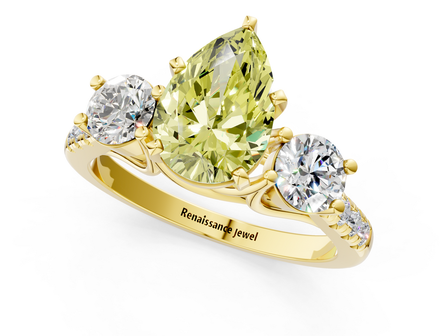Yellow gold Three-Stone Fancy Yellow Pear Cut Diamond Pavé Band with Four-Prong Setting